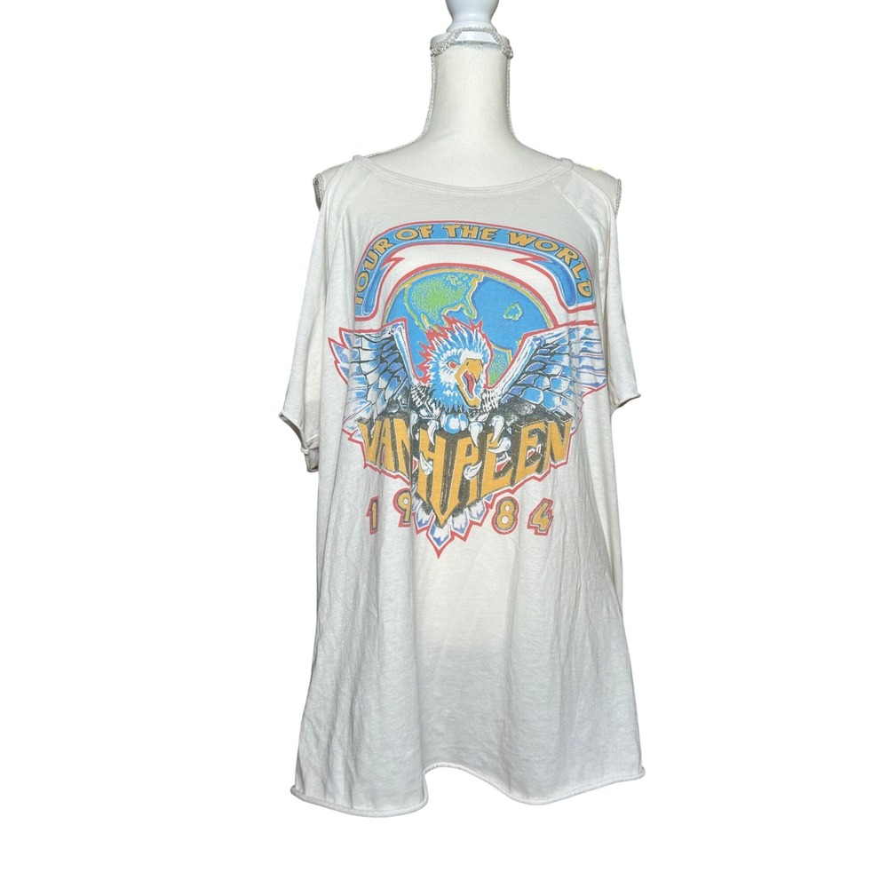Vintage‎ Style Van Halen 1984 Tour World White Cold Shoulder Graphic T-Shirt